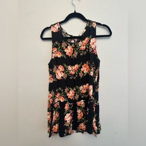 Floral Sleeveless Peplum Tank Top - Black with Coral Flowers